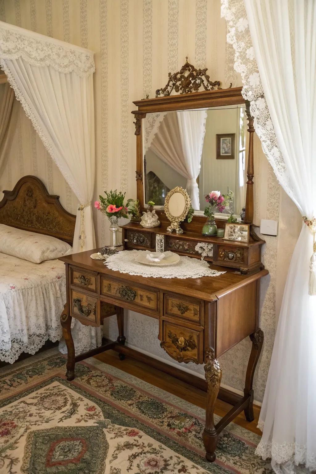 A vintage desk converted into a captivating vanity.