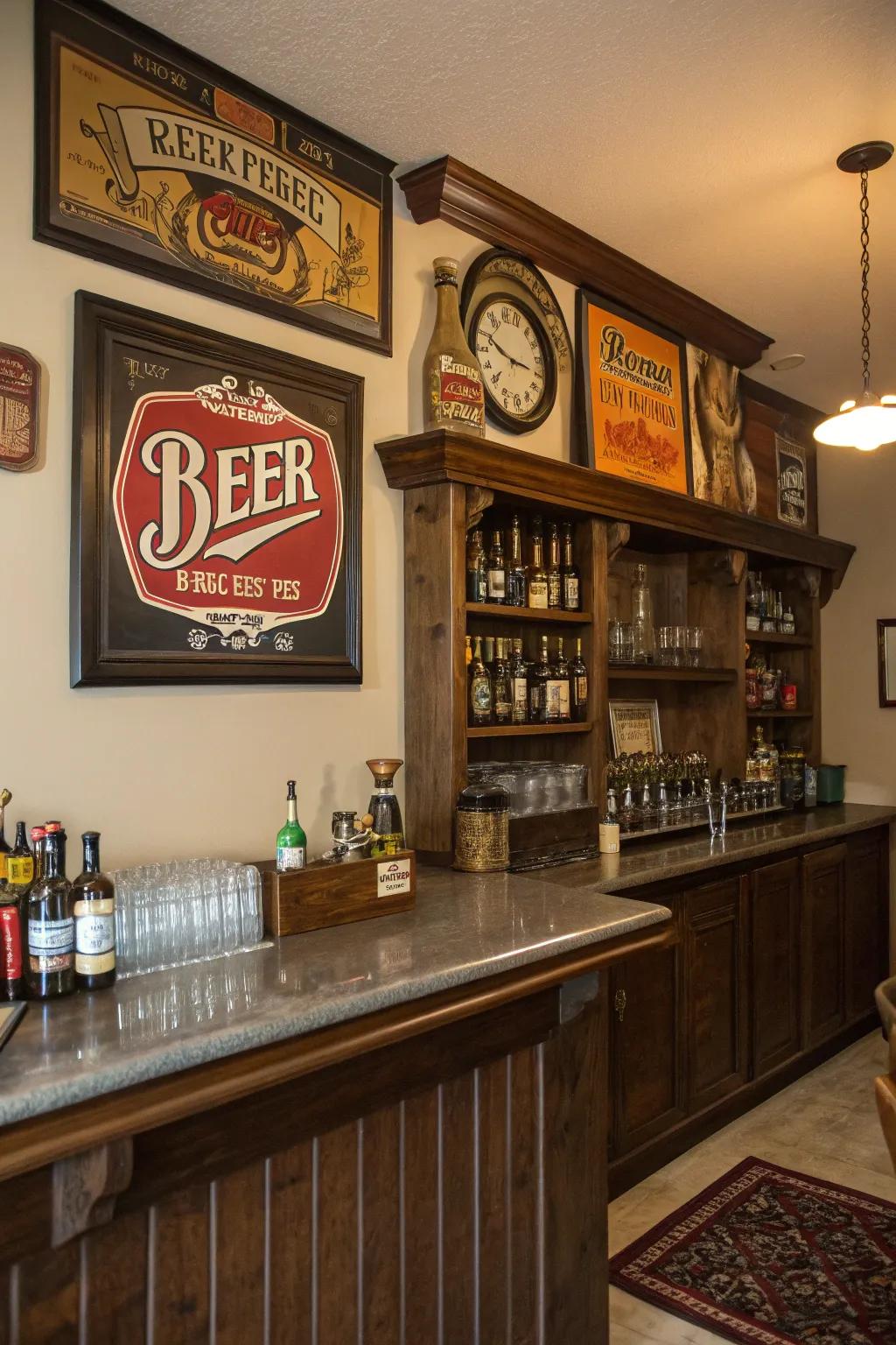 Vintage brewery advertisements add a nostalgic touch to your aesthetic.