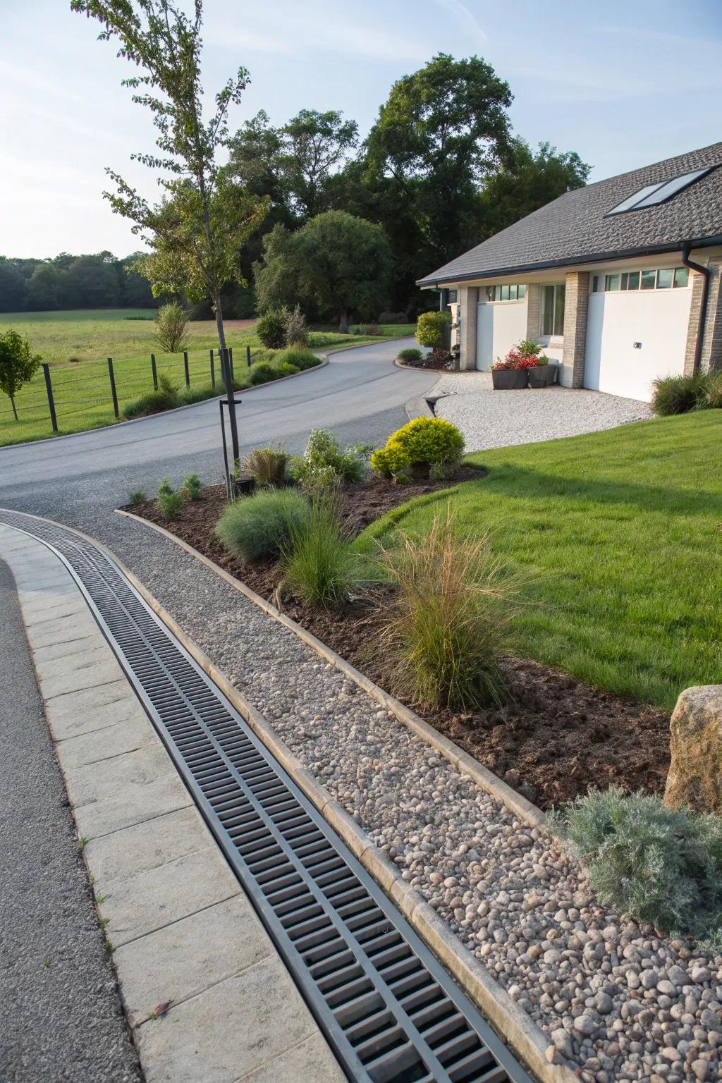 A path with an inconspicuous yet effective water-flow system to handle water movement.