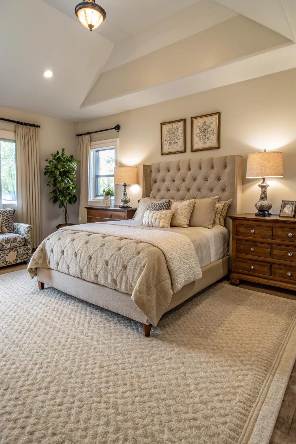 A mixed group of furniture goes well with the neutral elegance of a cream-colored carpet.