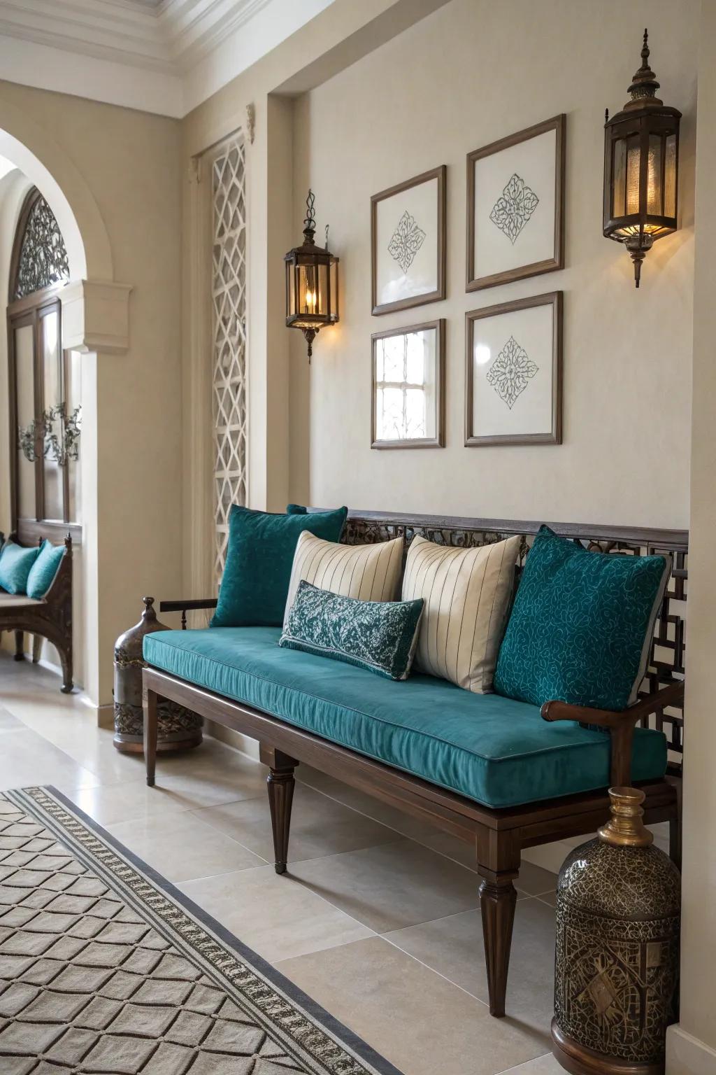 A striking pop of color such as cerulean can transform a simple bench into a showpiece.