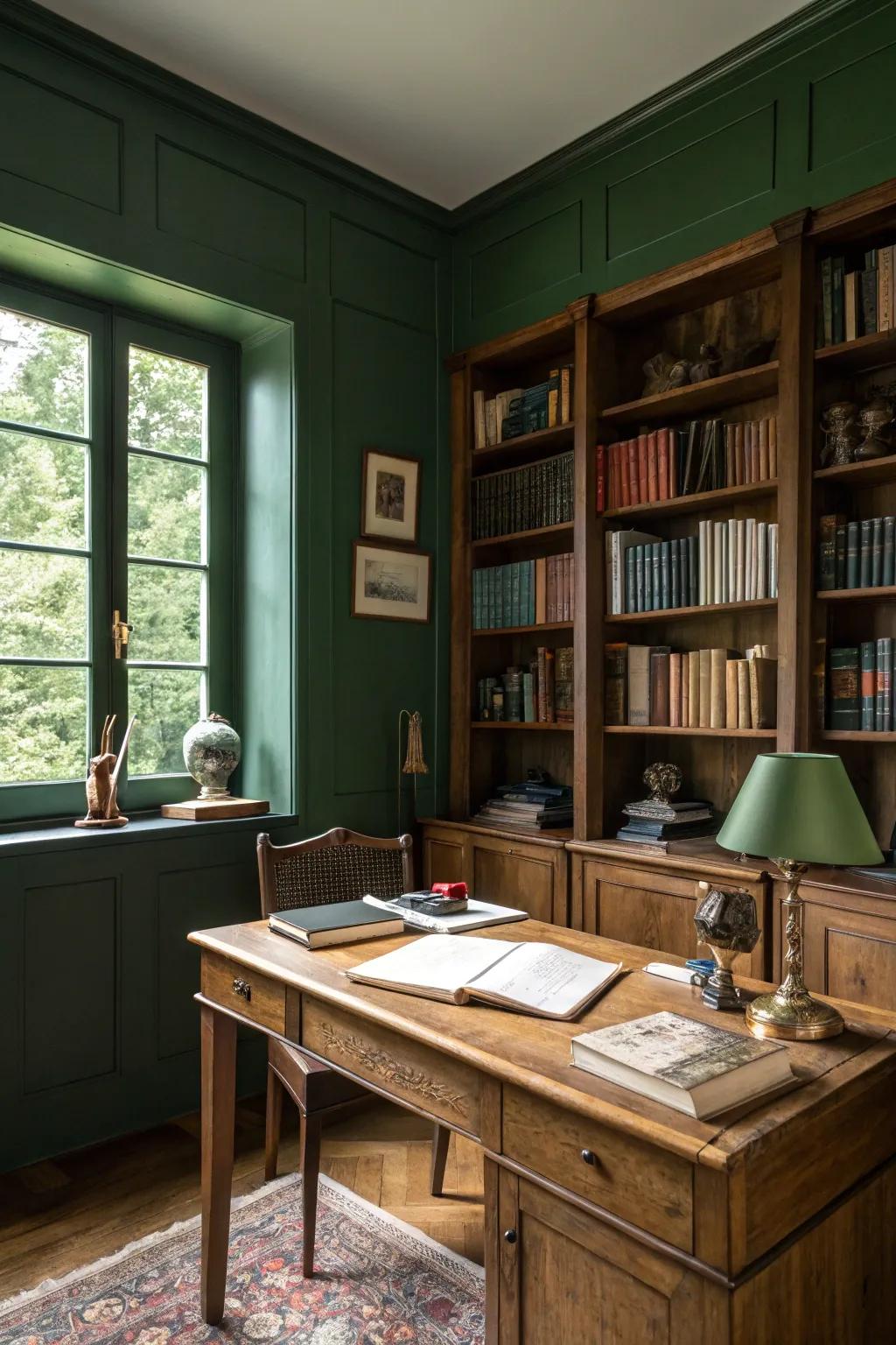 A study turned into a natural forest with deep green walls.