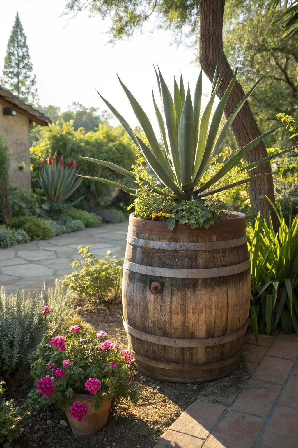 The eye-catching shape of a Spear Plant in an oak barrel.