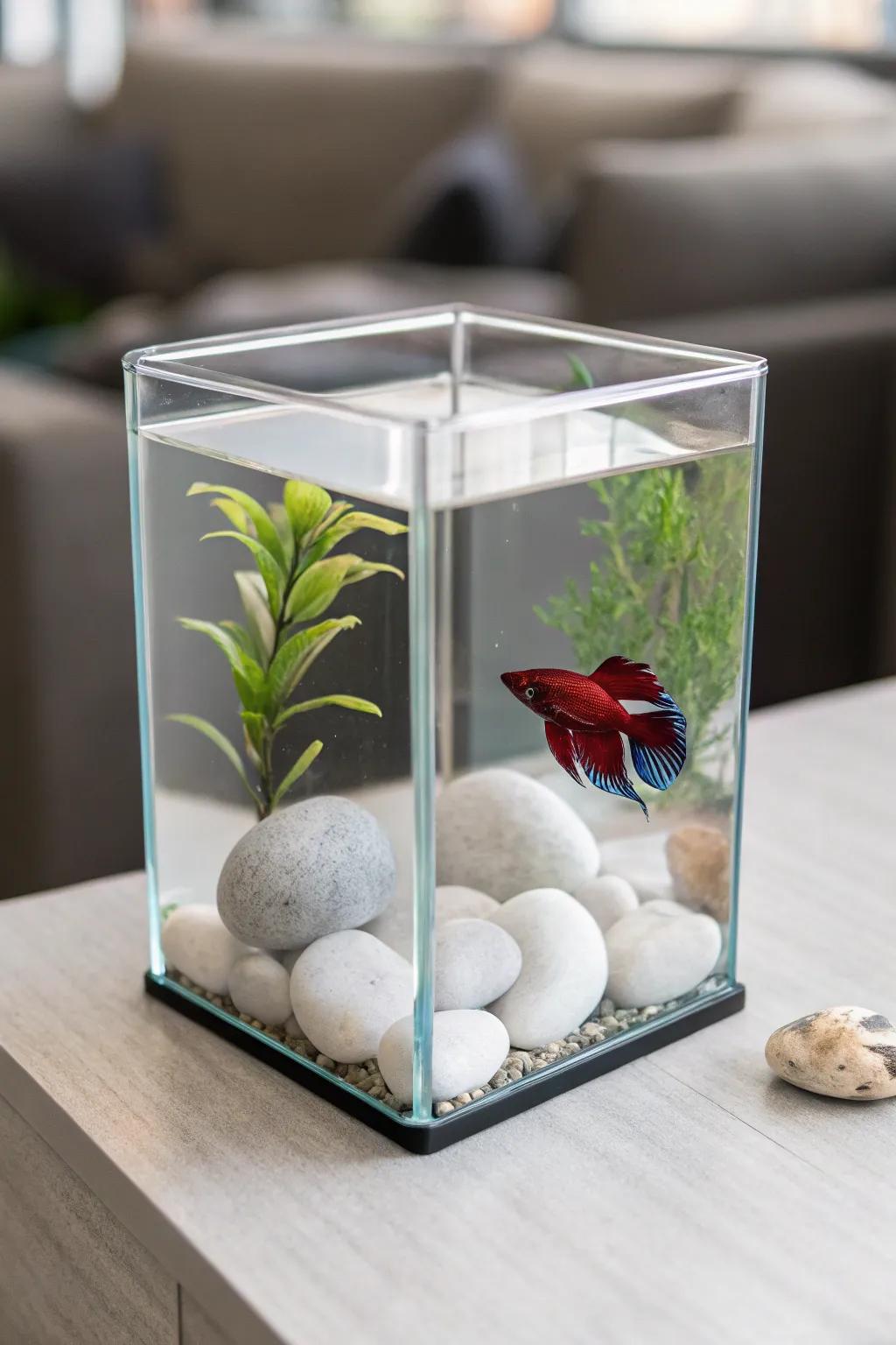 A contemporary minimalist betta habitat with a chic cubic design.