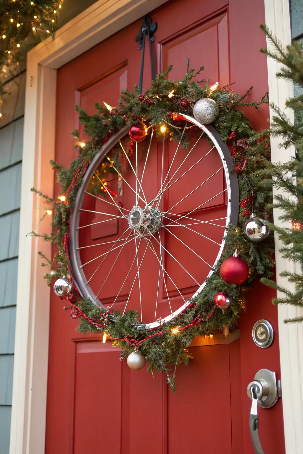 A holiday-themed bike wheel decoration with lights and ornaments, ready for the festive season.