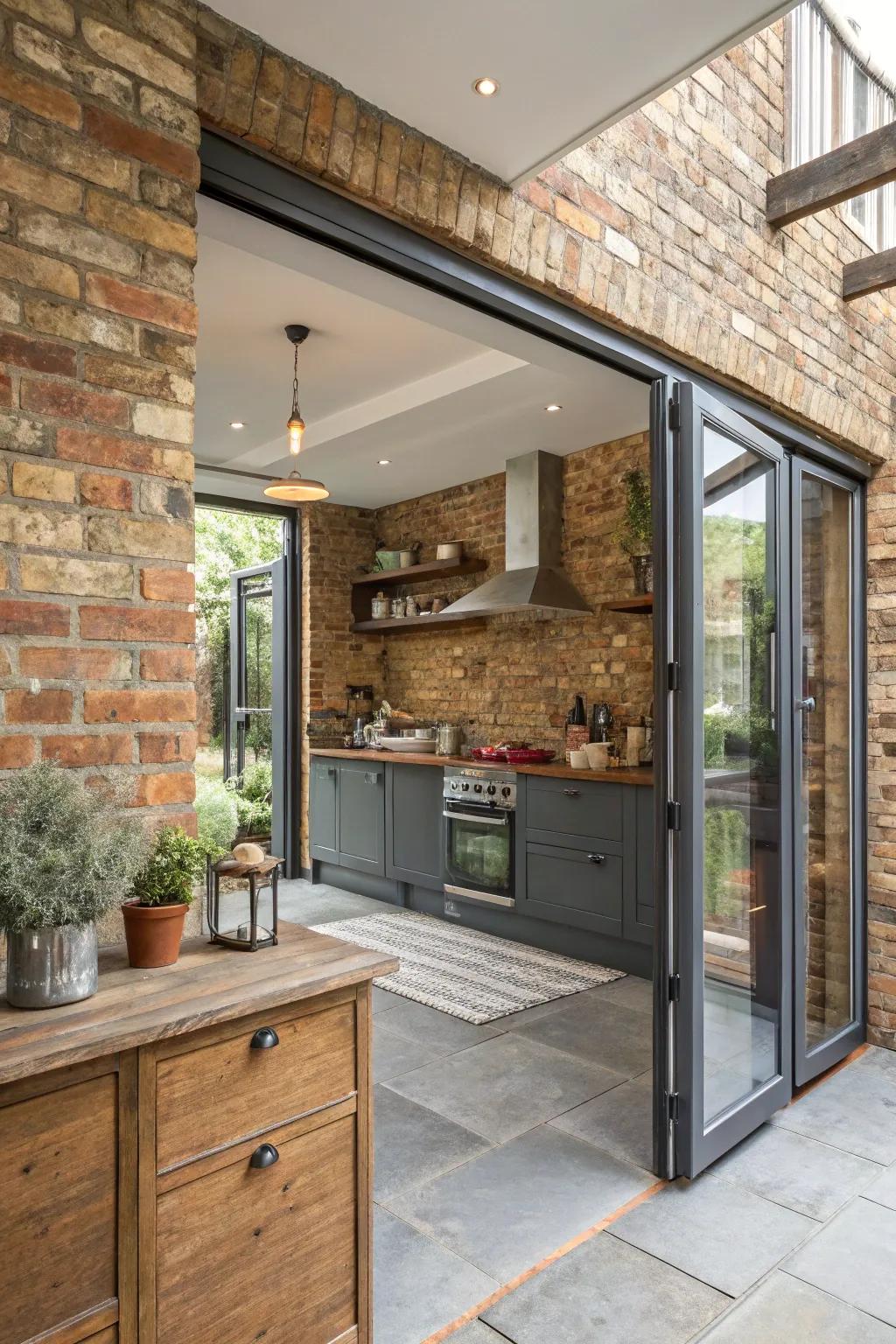 Combine rustic stone with contemporary folding doors for a distinctive look.