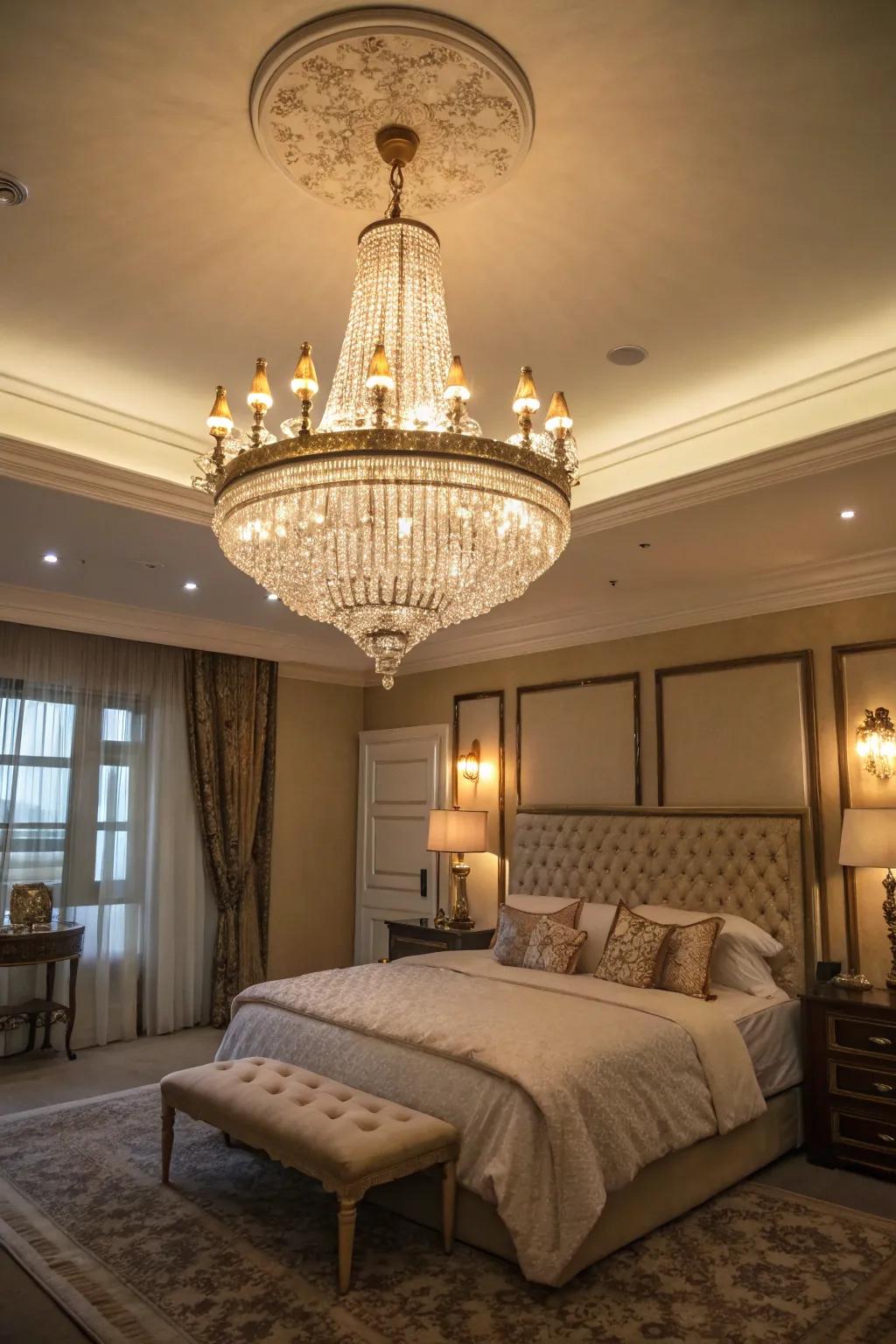 A spacious bedroom showcasing a stunning chandelier as its focal point.