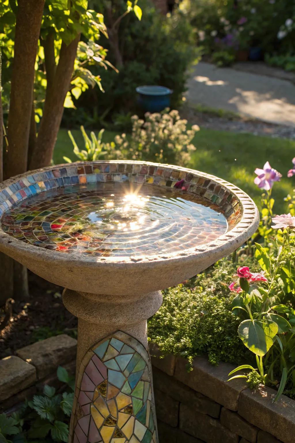 A mosaic bird bath contributes a burst of hue and artistry to the garden.