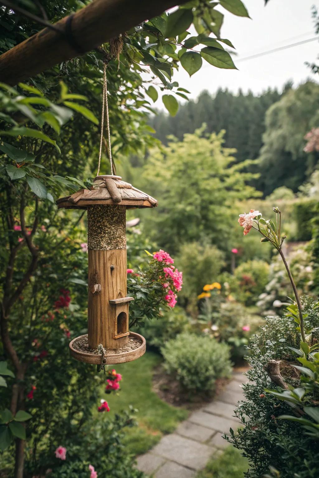 A bamboo sustanence station that blends naturally with its surroundings.