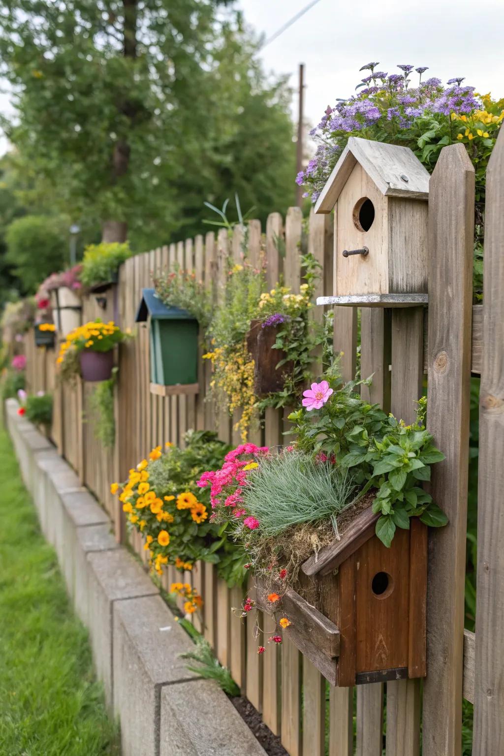 Bird dwellings synthesized with planters usher in a burst of life to the fence.