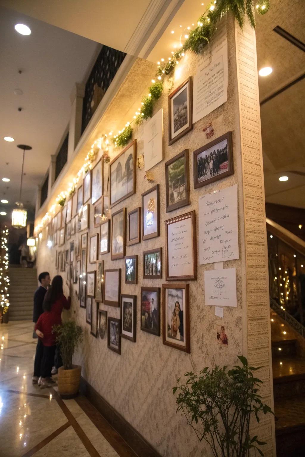 A memorabilia display filled with photos and messages adds a personal touch to the celebration.