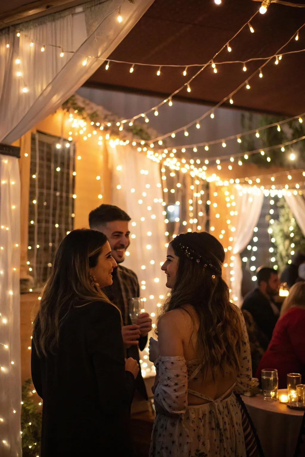 Fairy lights projecting a cozy radiance over a stylish celebration setting.