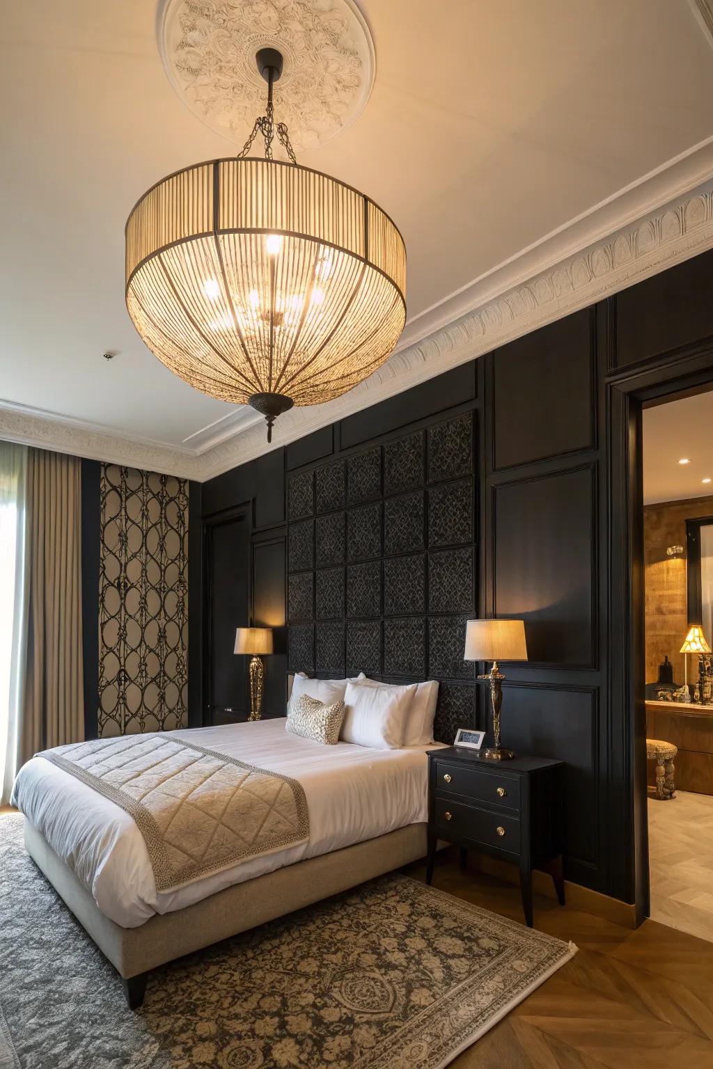 Statement lighting amplifies the sophistication of a black statement wall in this bedroom.