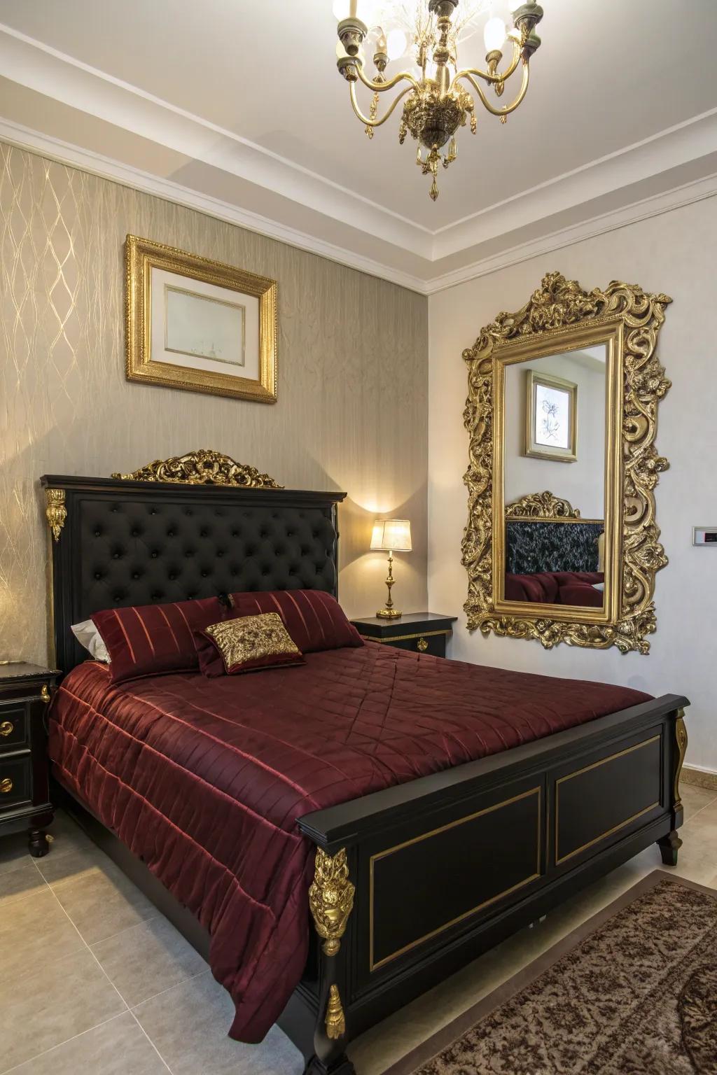 Metallic accents bring a glamorous feel to your black and burgundy bedroom.