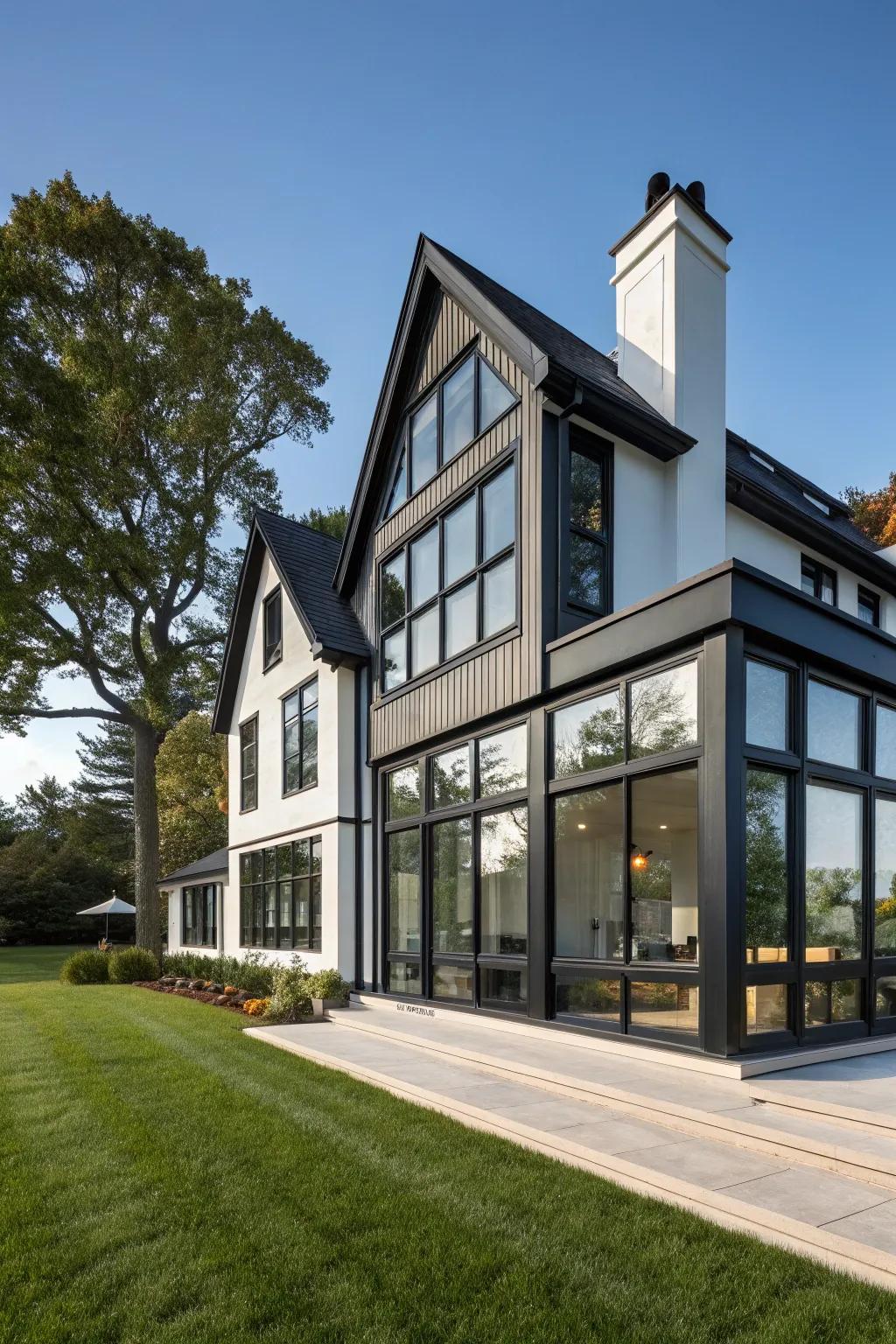 A contemporary home featuring expansive windows and striking dark trims.