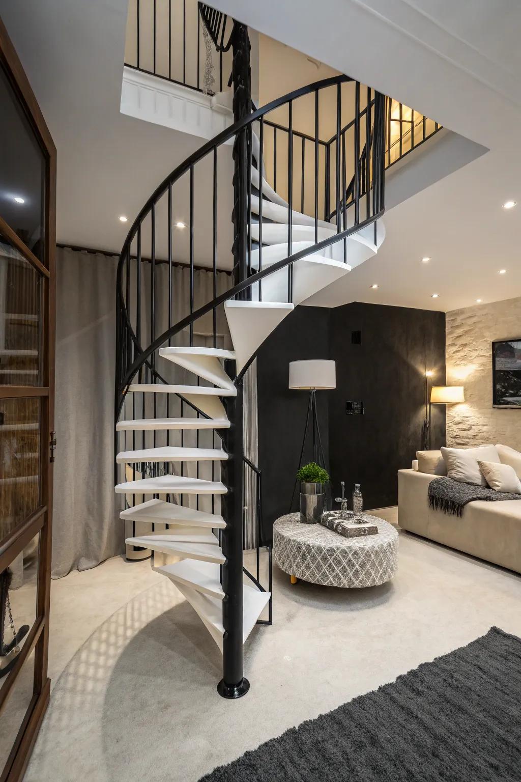 A black and white spiral staircase making a bold statement in a small space.