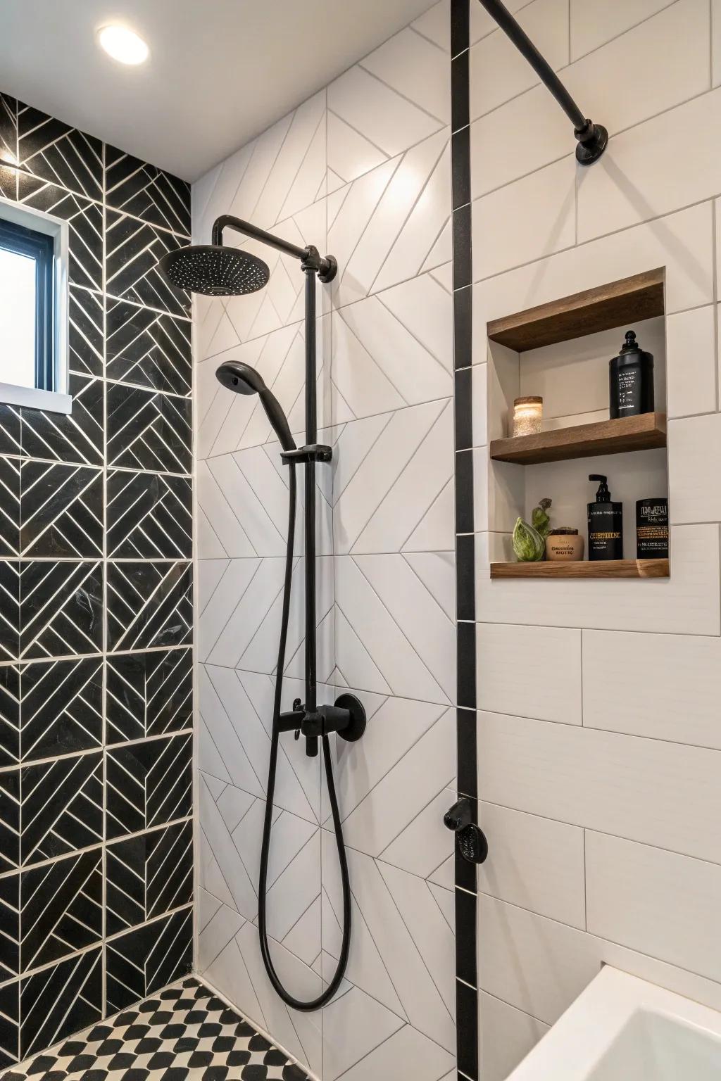 Strong dark hardware complements the black and white concept.