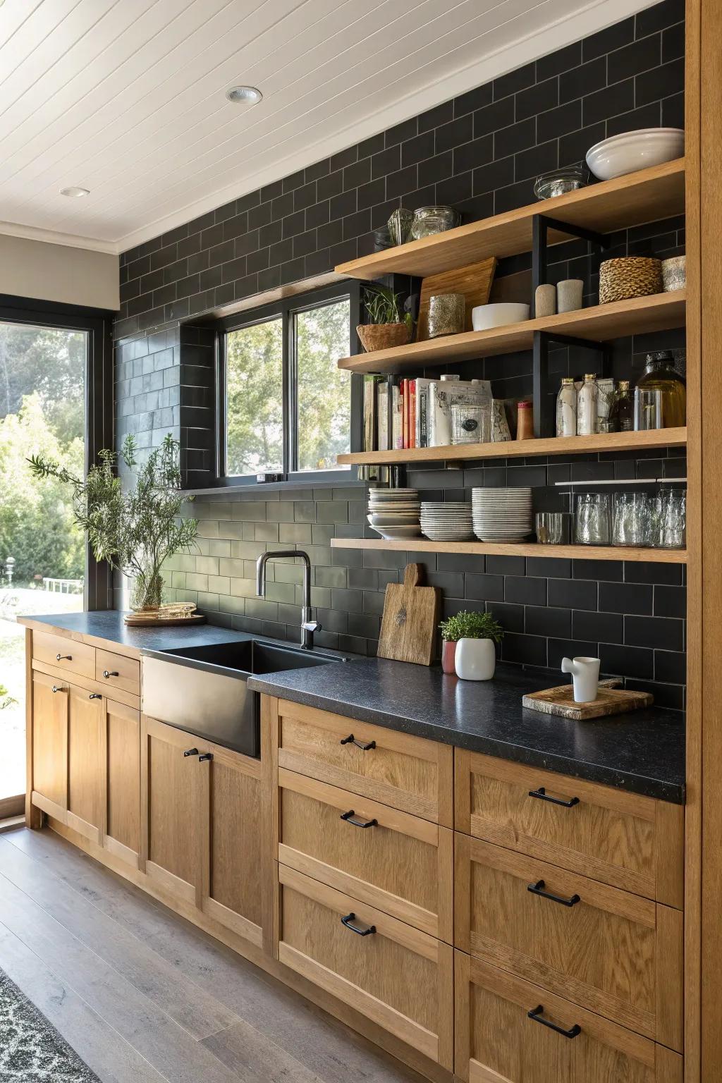 Open shelves add dimension and interest against a striking ebony backsplash.