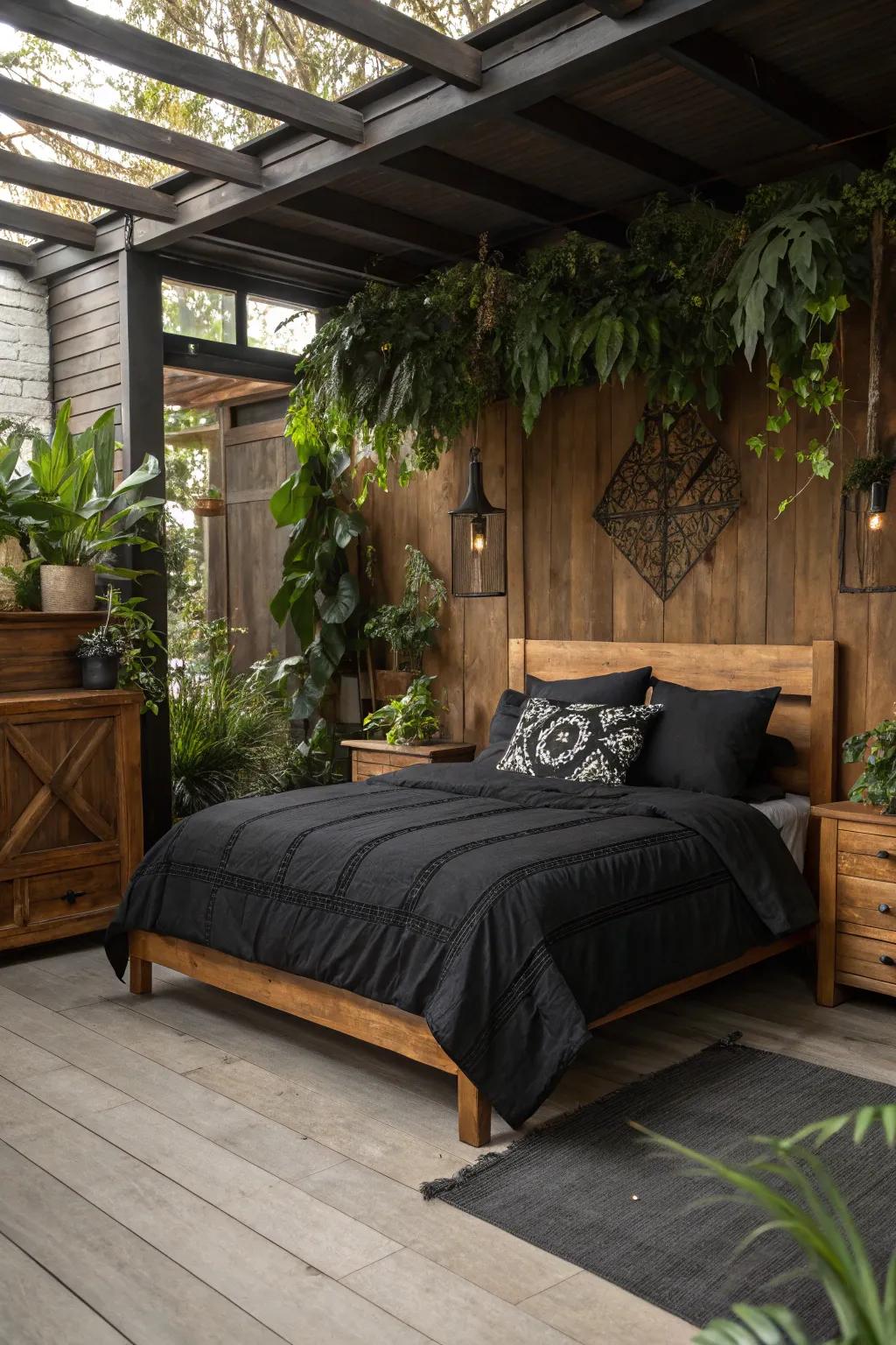 Mixing ebony linens with ecological materials.