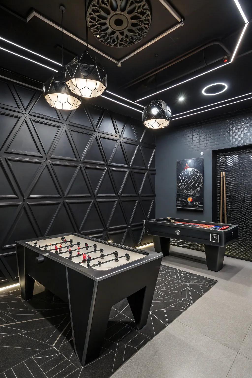 Futuristic decor elements add a modern and sleek aesthetic to the game room.