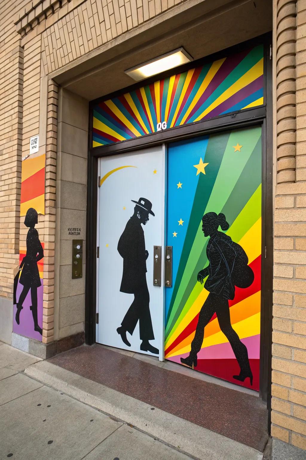 A door showcasing outline art of celebrated Black personalities.