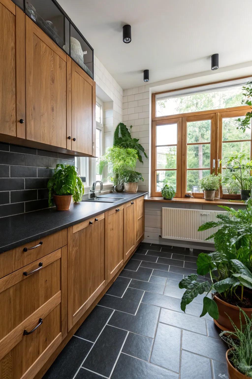 A cooking area that exquisitely balances dark floors with cordial timber specifics.