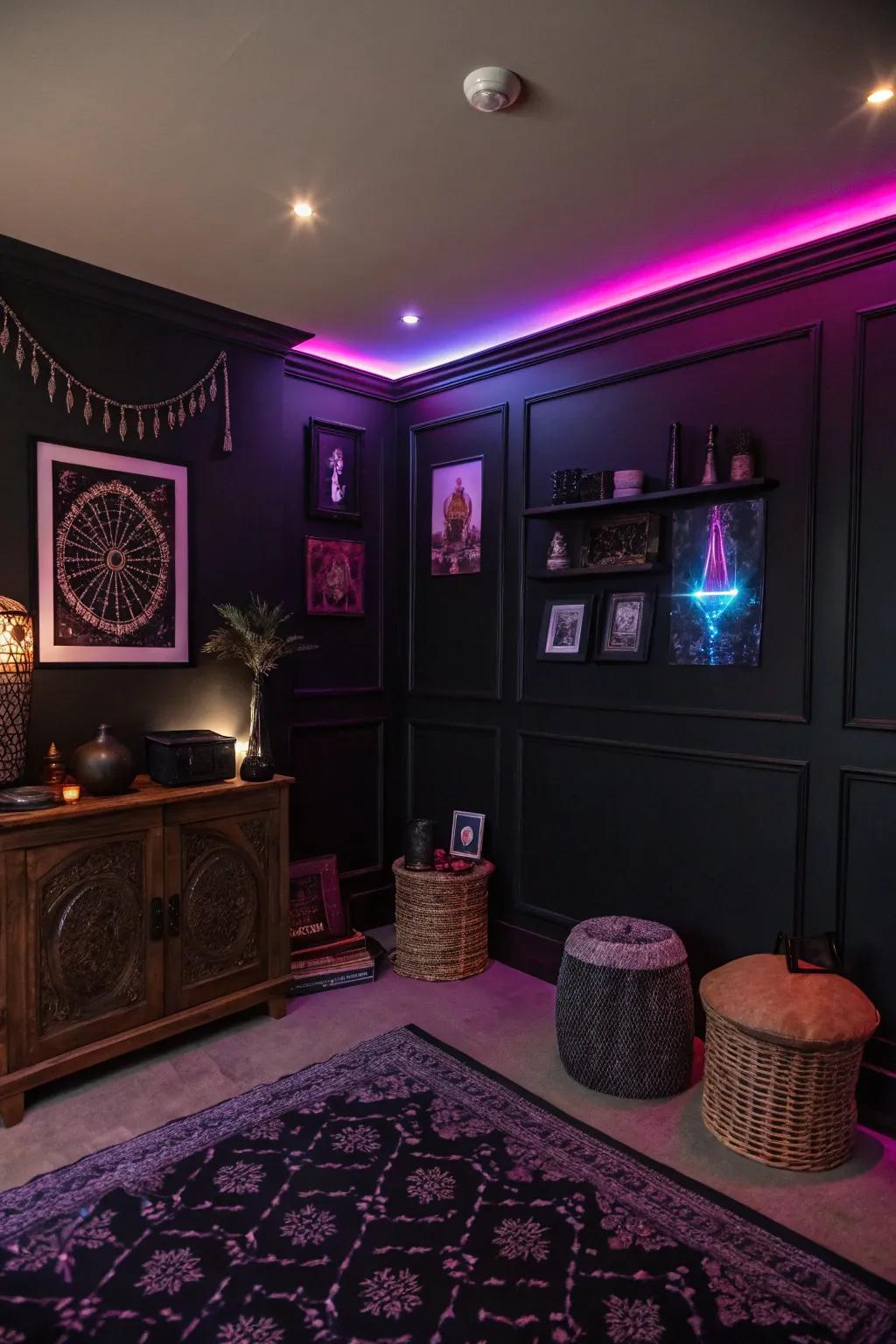 Dark walls amplify the glow of black light decor.