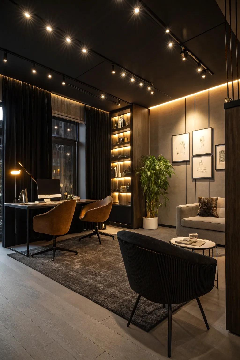 Accent illumination elevates the mood and style of a charcoal office.