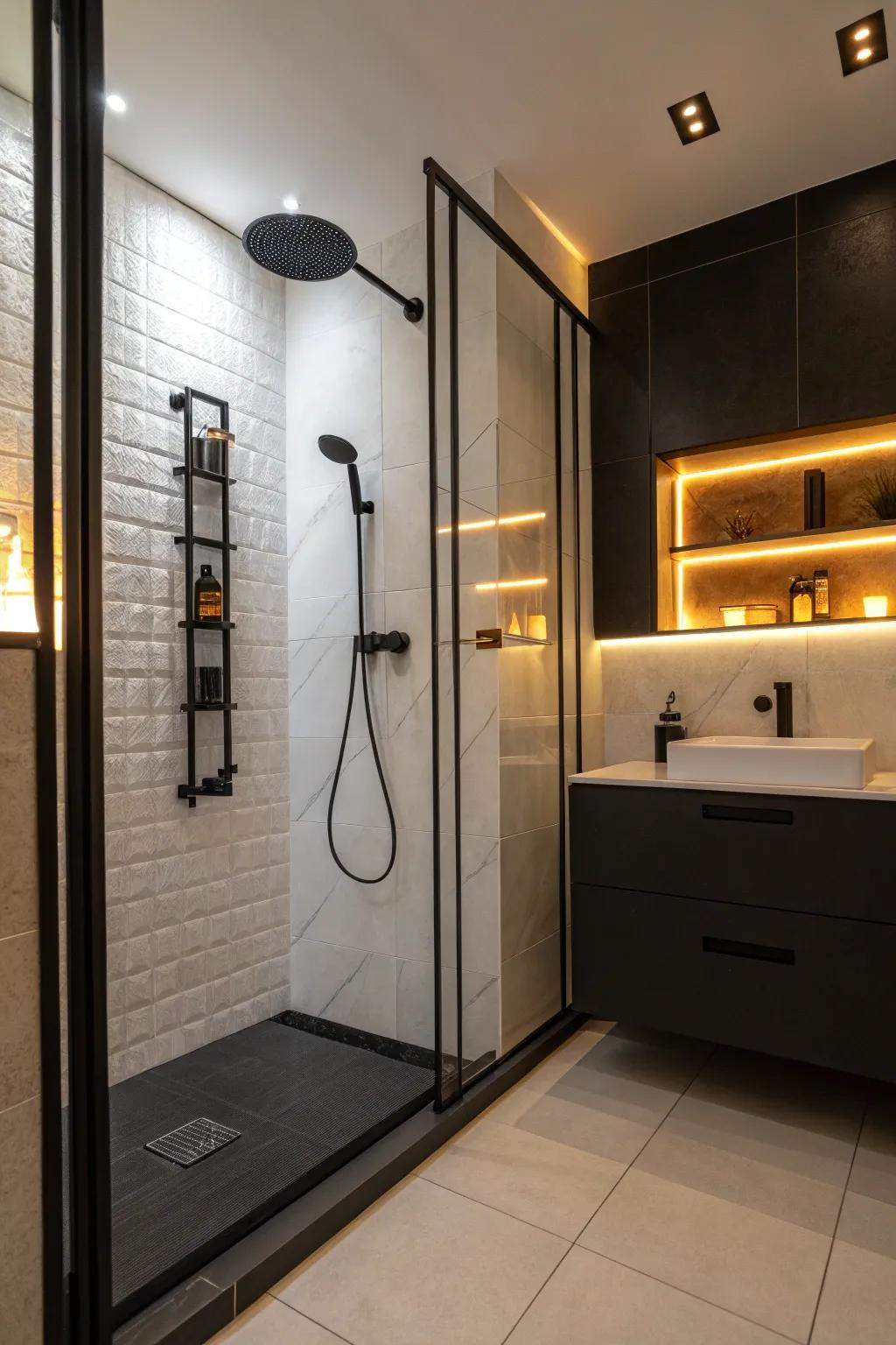 Ambient lighting sets the mood for your black shower.