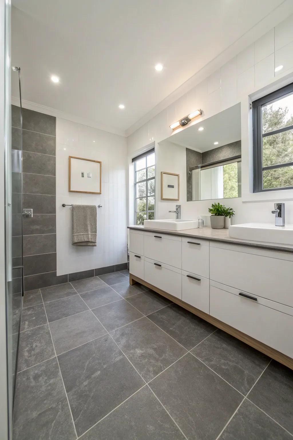 Ash floor tiles lay a polished groundwork for this modern bathroom.
