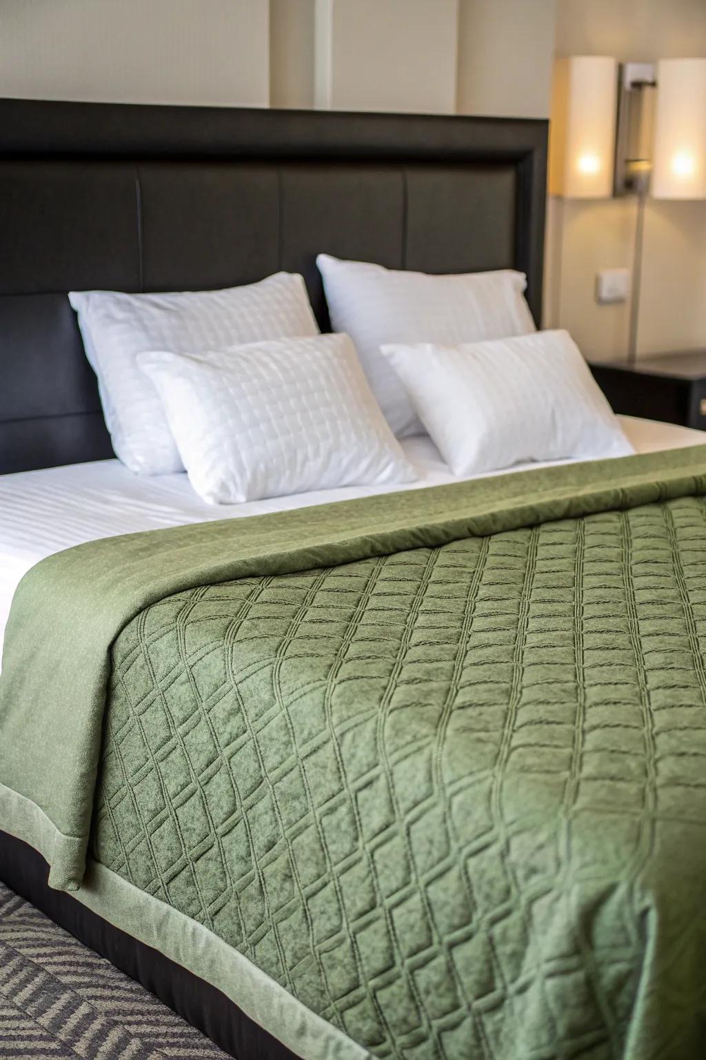 Textured green beddings providing comfort and style.