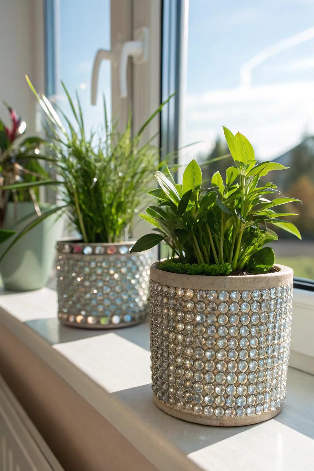 Planters that glimmer with sparkling stone highlights.