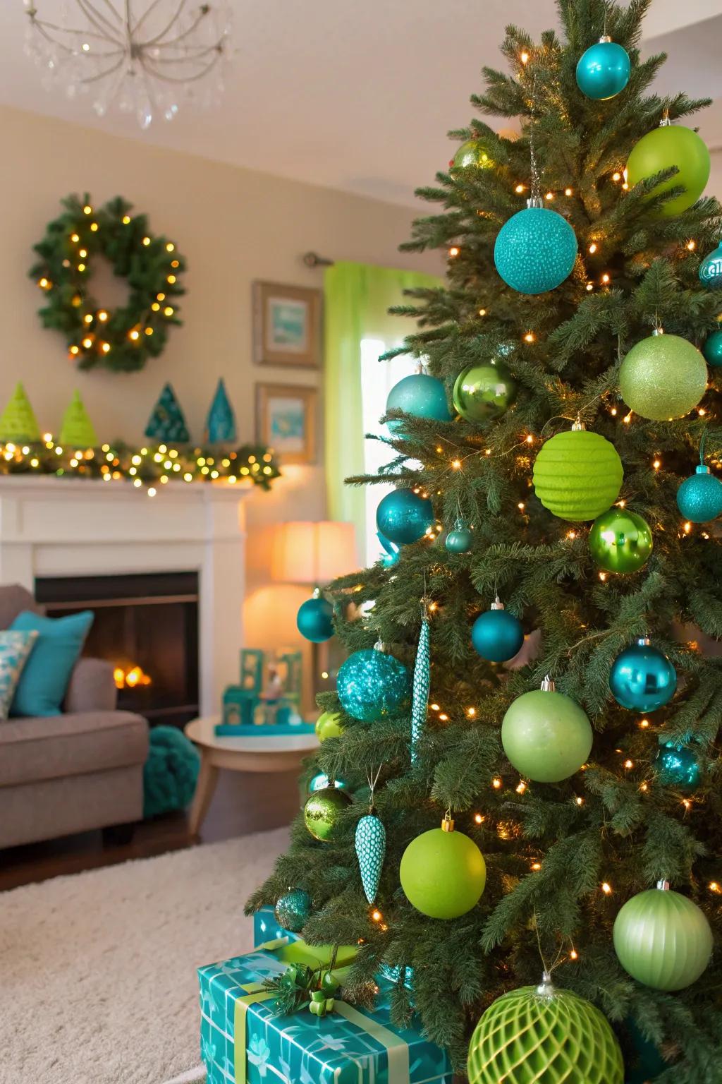 A vibrant turquoise and lime green tree that infuses energy into your holiday decor.