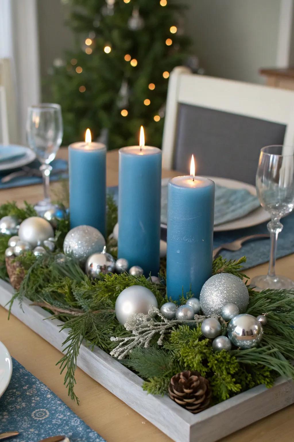 An impressive centerpiece in argent and azure for Christmas