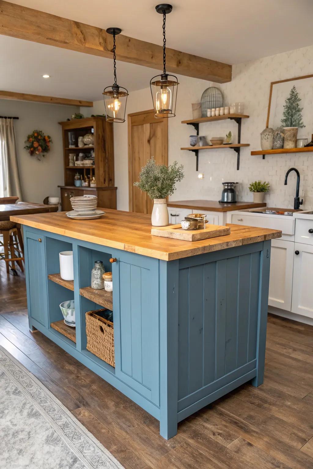 Wooden worktops enhance the cerulean island's welcoming design.