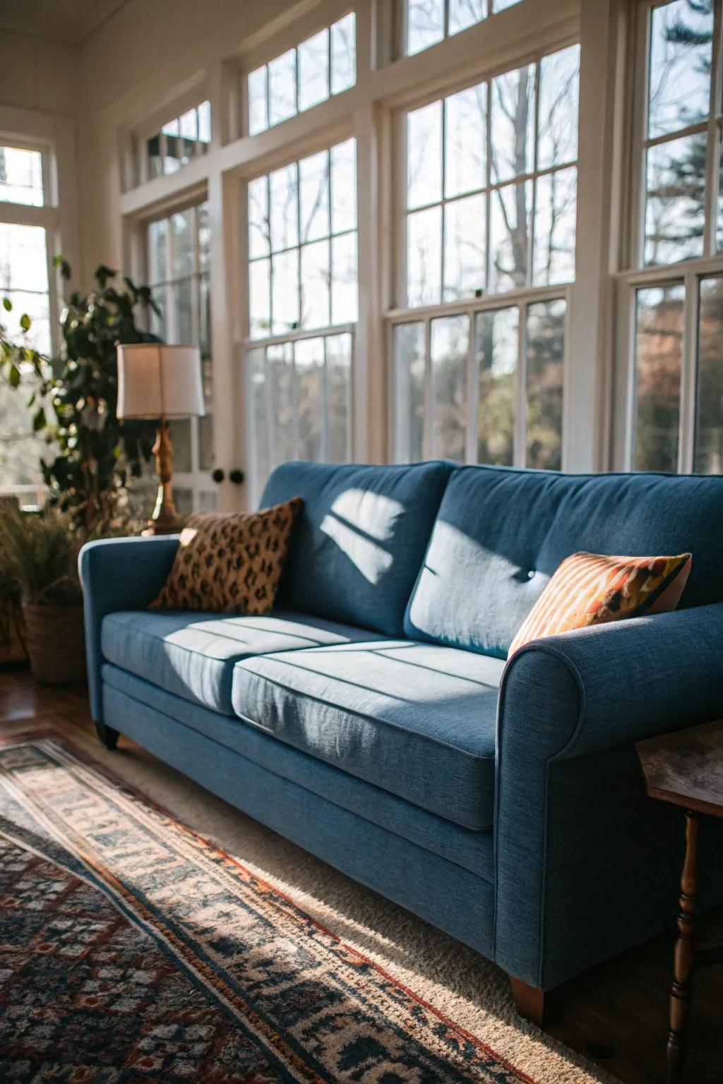 Sunlight amplifies the vibrancy of a cerulean couch.
