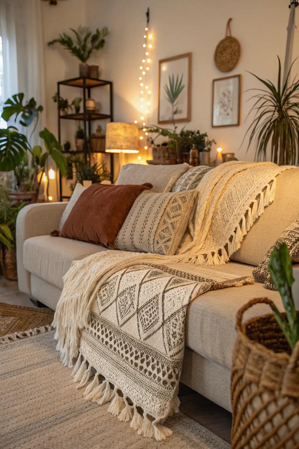 A comfy bohemian setup using rich layered textiles.