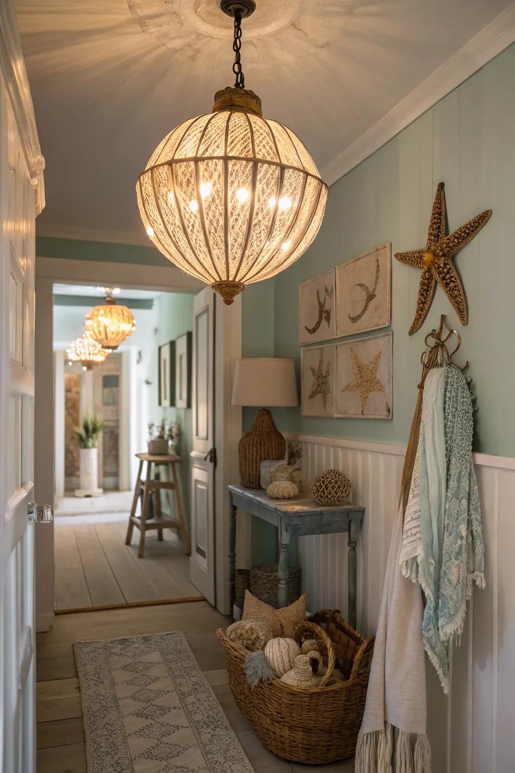 A sea glass pendant illumination brings a all-natural luminescence to this boho entry way.