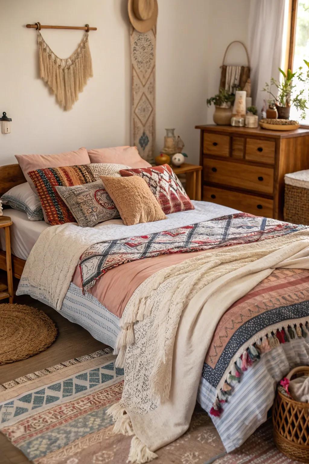 Layered textiles improve the cozy factor in a bohemian room.