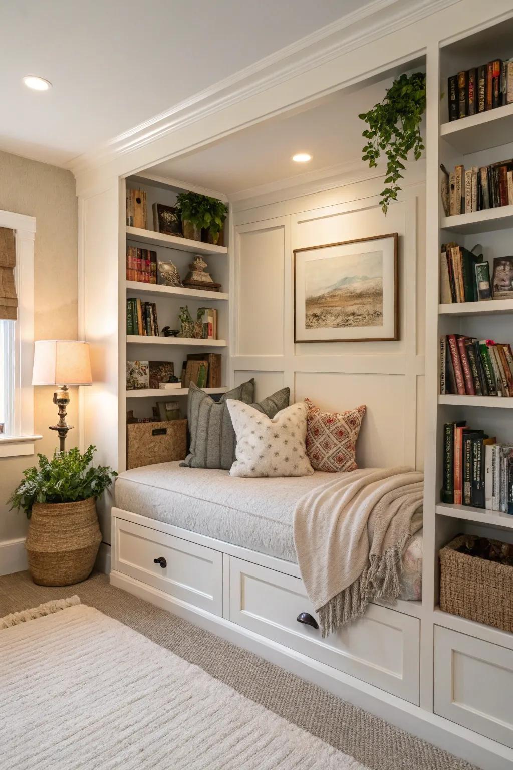 An integrated reading space featuring a daybed for peak reading pleasure.