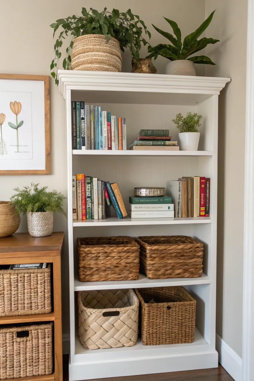 Baskets integrate both style and storage capabilities into a bookshelf.