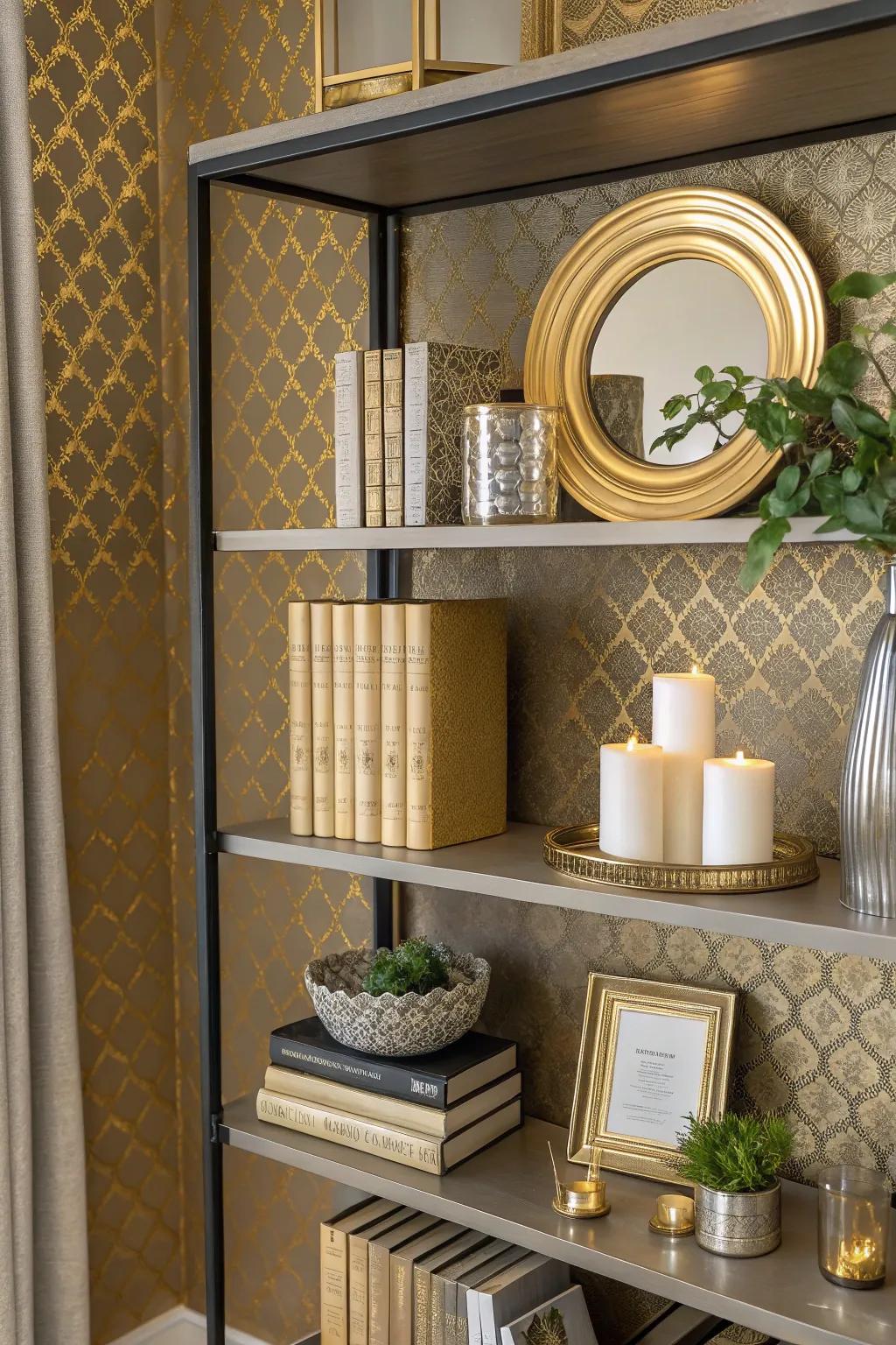 A bookshelf showcasing understated gold metallic wallpaper, radiating a luxurious vibe.