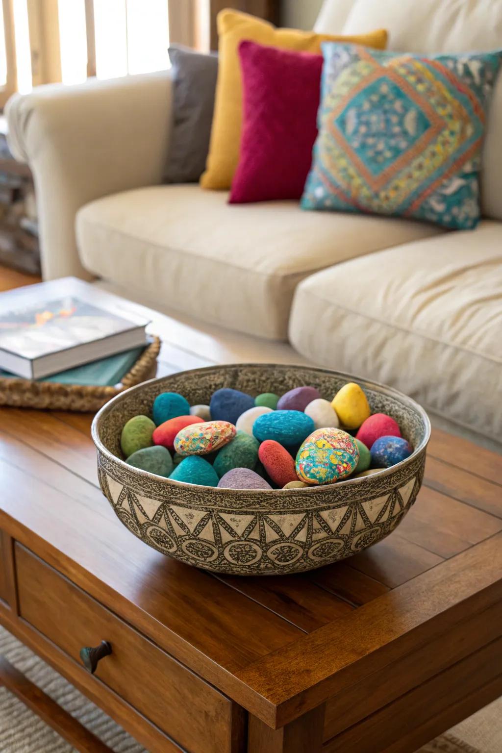 An ornamental bowl presenting a collection of artistically painted stones