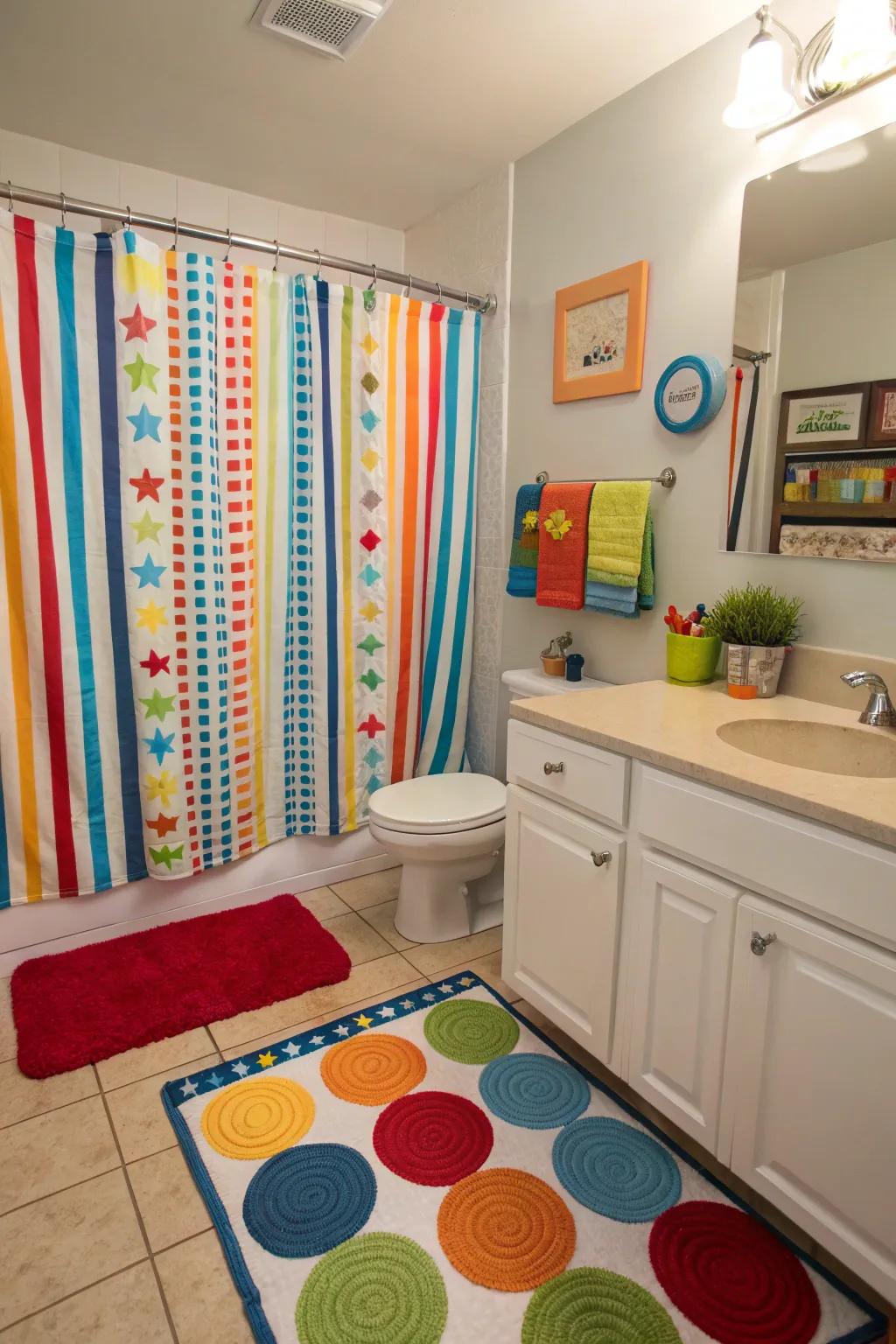 Streaked fabrics enrich dimensionality in a boys' lavatory.