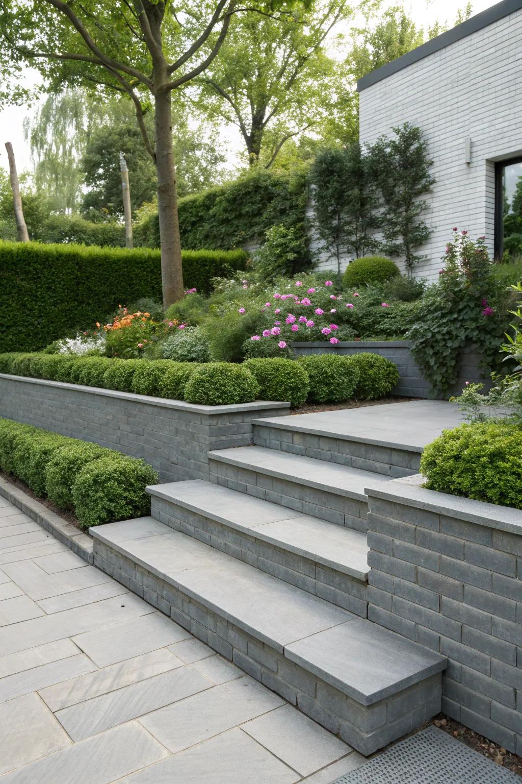 Gray brick steps providing a modern touch to outdoor spaces.