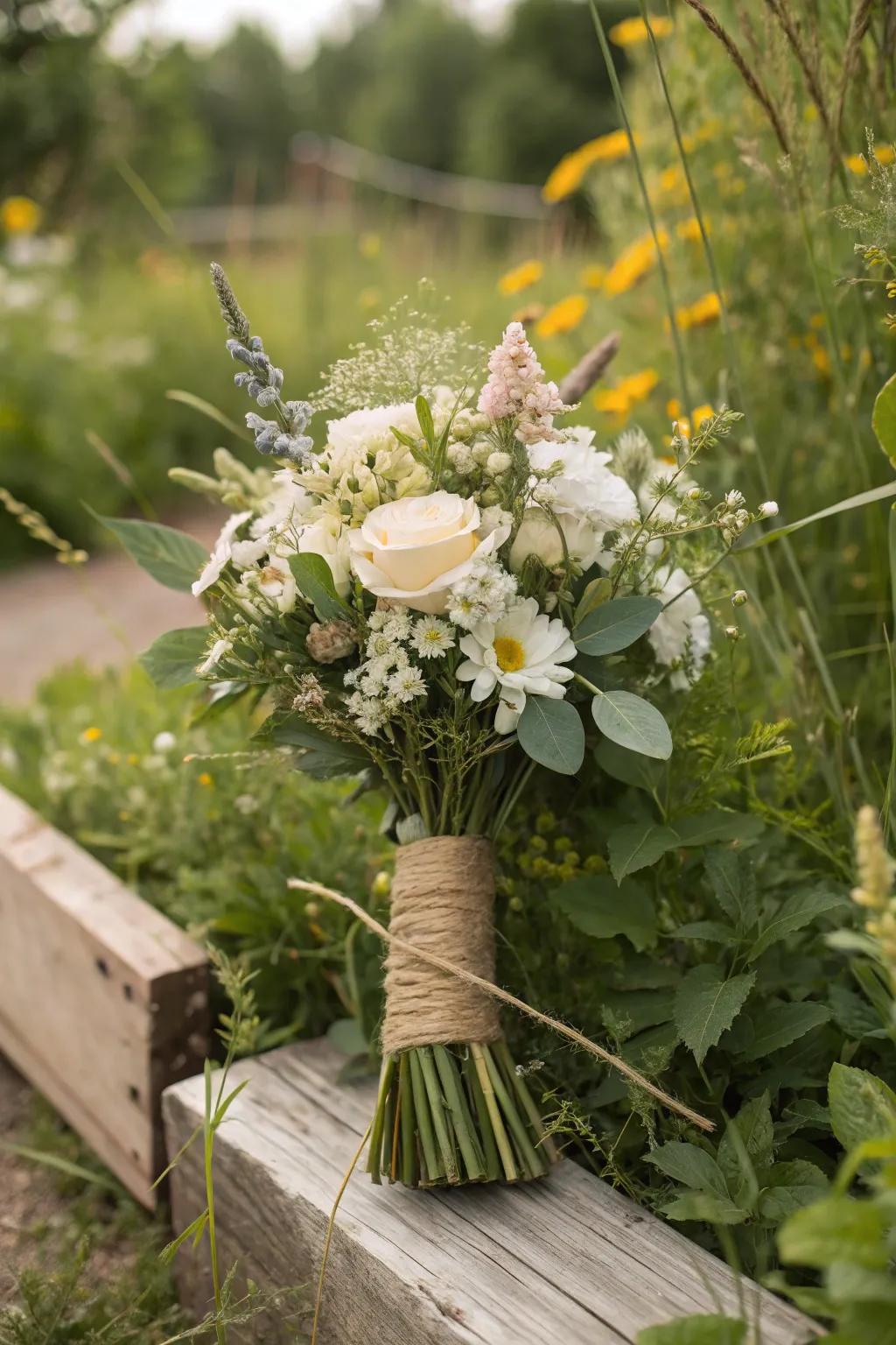 Cord bindings contribute organic texture to wildflower wedding bouquets.