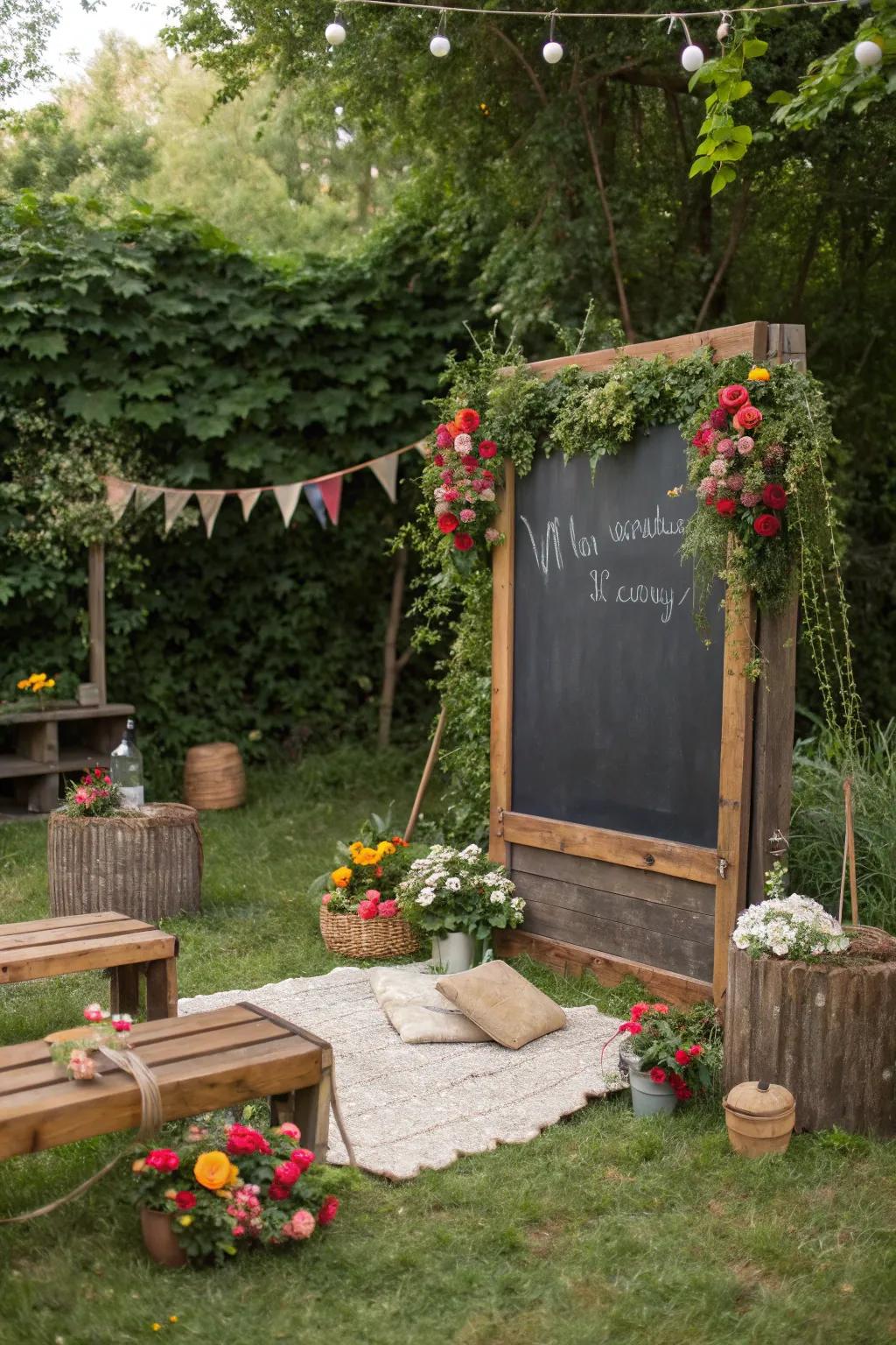 An exterior slateboard arrangement infuses a hint of nature into your pre-wedding celebration.