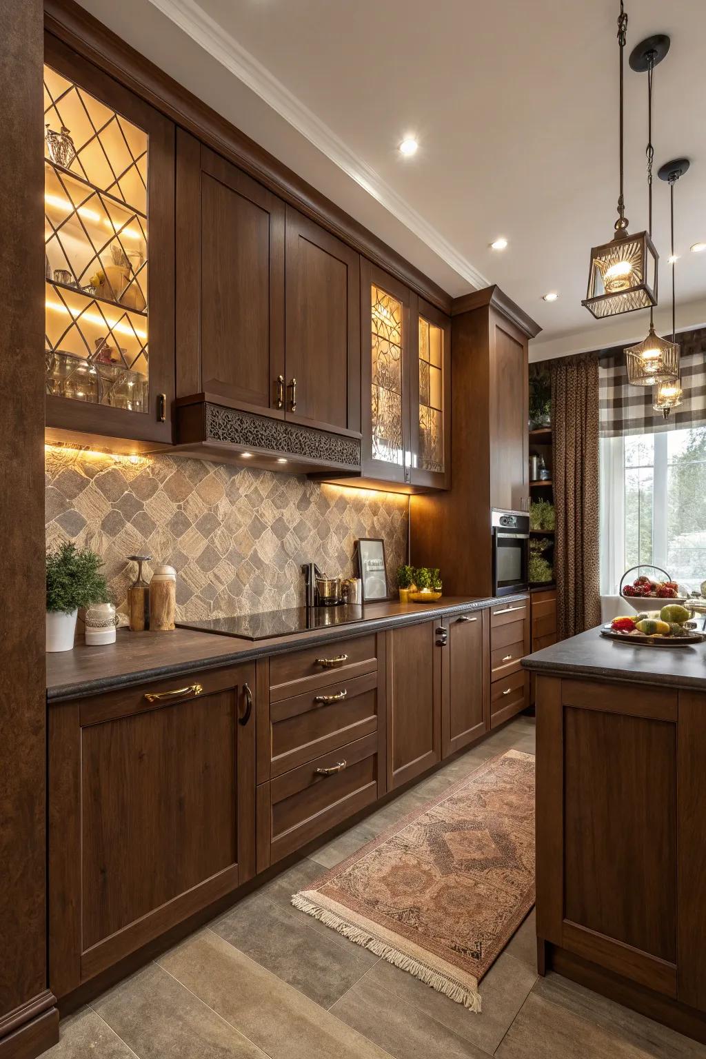 Stratifying brown tones introduces dimension and warmth to the kitchen.