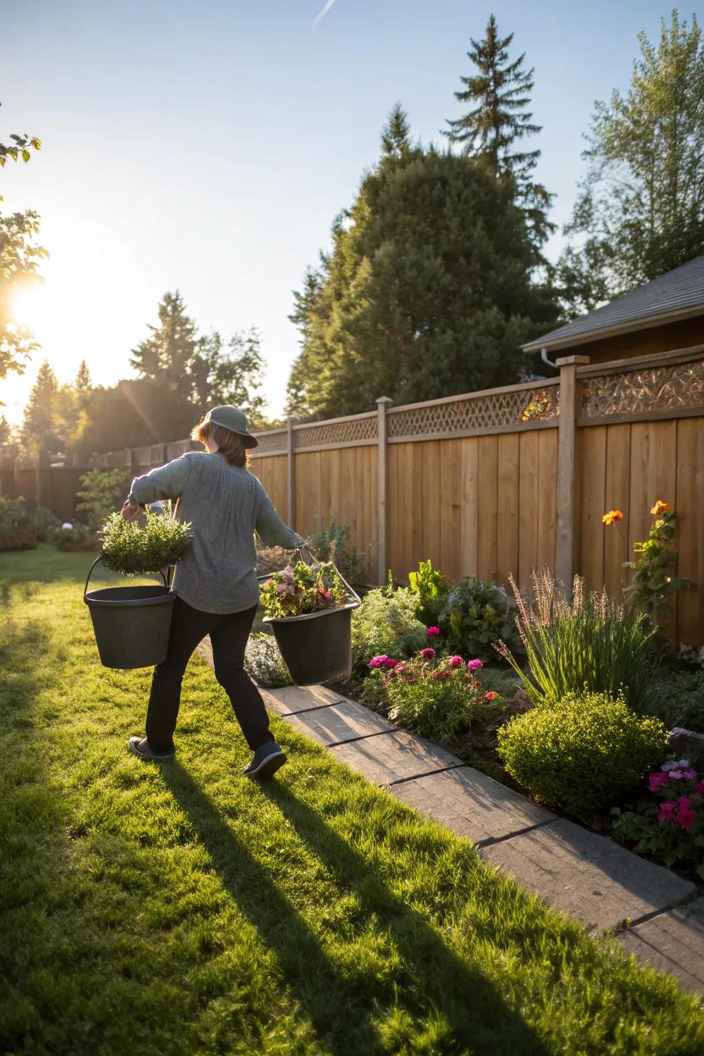 Buckets filled with greenery being moved to capitalize on sunlight.
