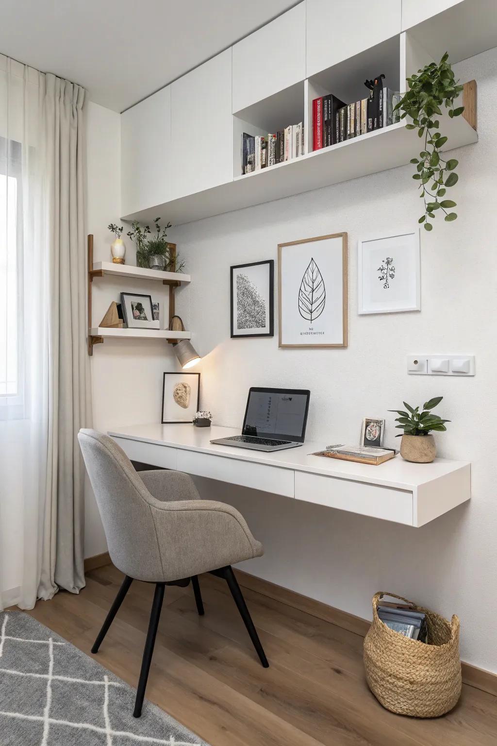 A floating desk adds a modern touch to a minimalist office.